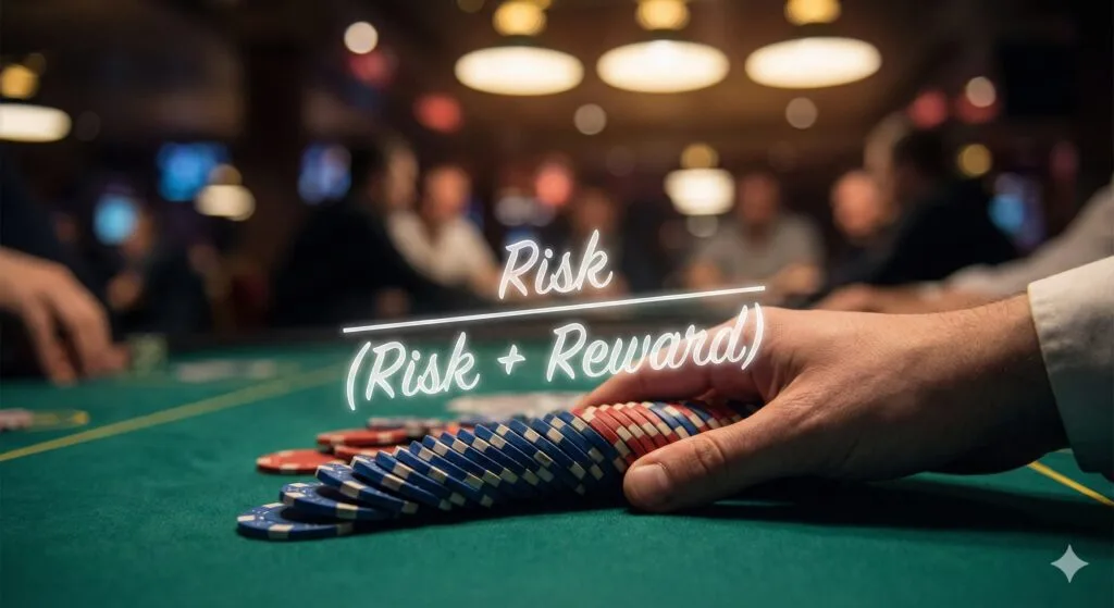 Poker chips being bet with the risk reward formula overlay.
